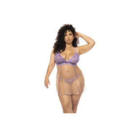 Nuisette grande taille couleur lavande et chair Verona, en dentelle et résille transparente 